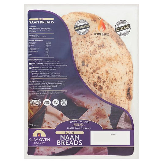 Clay Oven Bakery Pack of 2 Hand-Stretched Authentic Plain Naan Breads