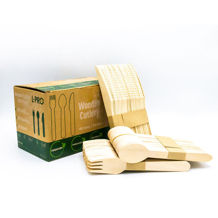 L-PRO Disposable Wooden Cutlery Set, 250 Pack